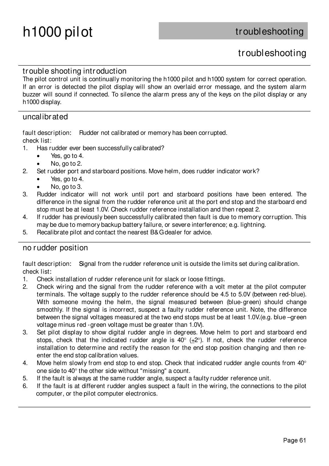 Simrad H1000 manual Troubleshooting, Trouble shooting introduction, Uncalibrated, No rudder position, Check list 