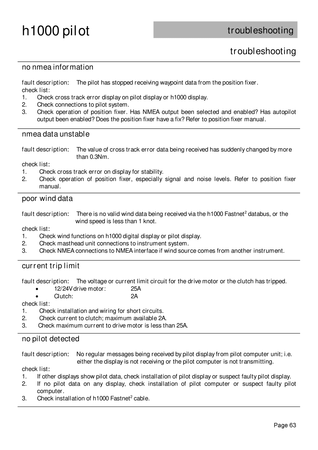 Simrad H1000 manual No nmea information, Nmea data unstable, Poor wind data, Current trip limit, No pilot detected 