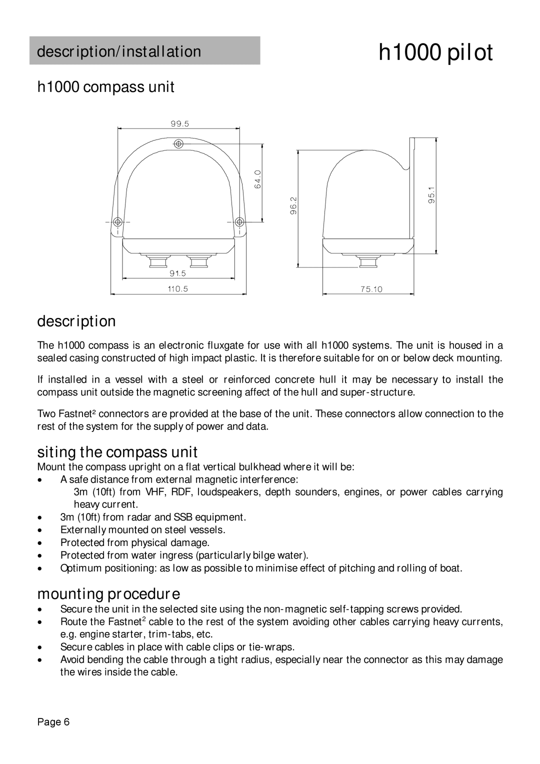 Simrad manual H1000 compass unit Description, Siting the compass unit 