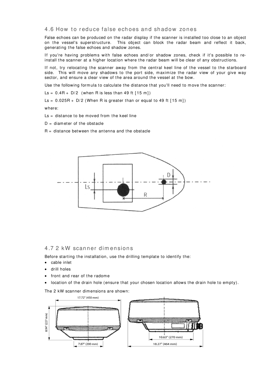 Simrad MN000802A-G manual How to reduce false echoes and shadow zones, kW scanner dimensions 