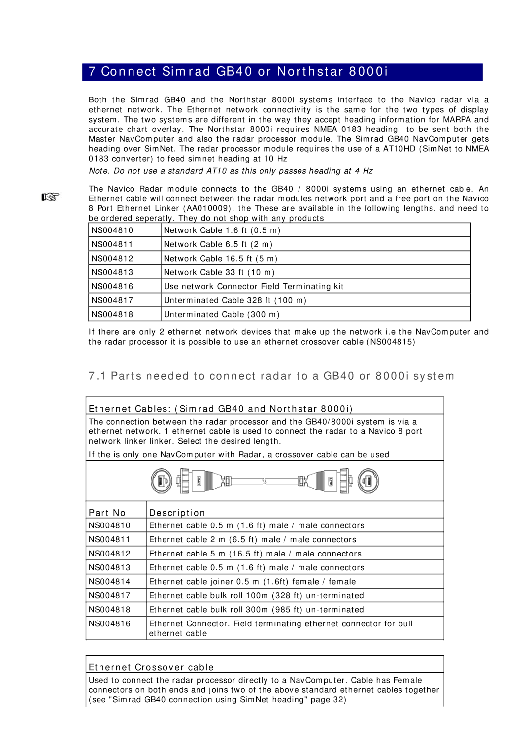 Simrad MN000802A-G manual Connect Simrad GB40 or Northstar, Parts needed to connect radar to a GB40 or 8000i system 