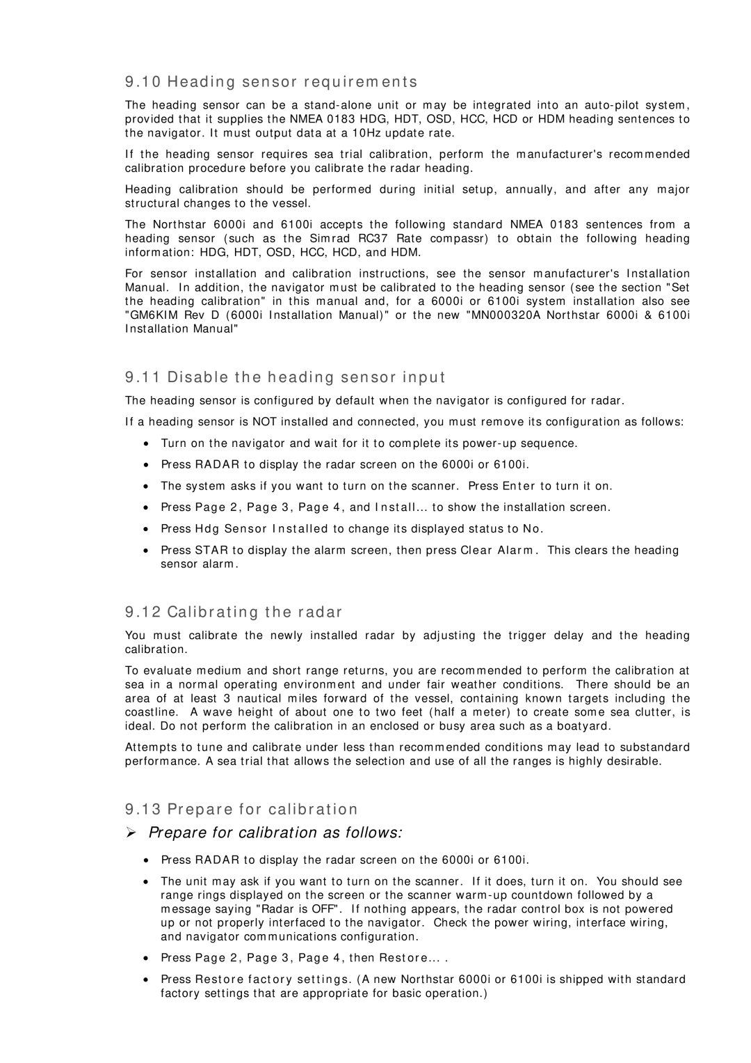 Simrad MN000802A-G manual Heading sensor requirements, Disable the heading sensor input, Calibrating the radar 