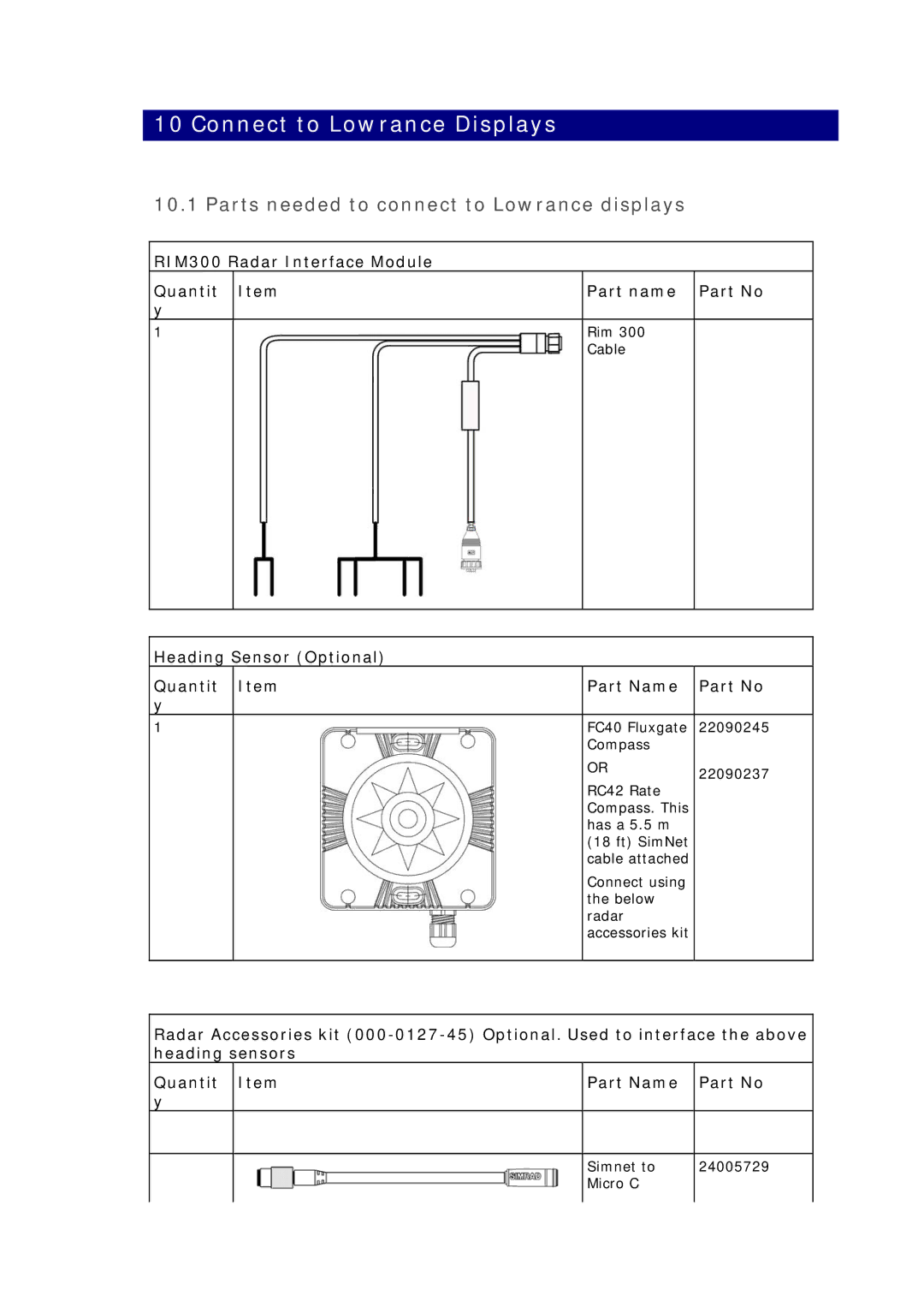 Simrad MN000802A-G manual Connect to Lowrance Displays, Parts needed to connect to Lowrance displays 