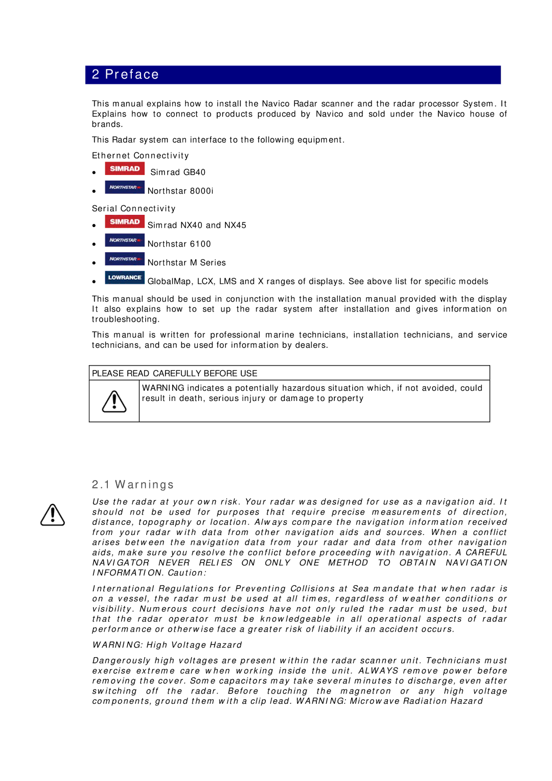 Simrad MN000802A-G manual Preface, Ethernet Connectivity, Serial Connectivity, Please Read Carefully Before USE 