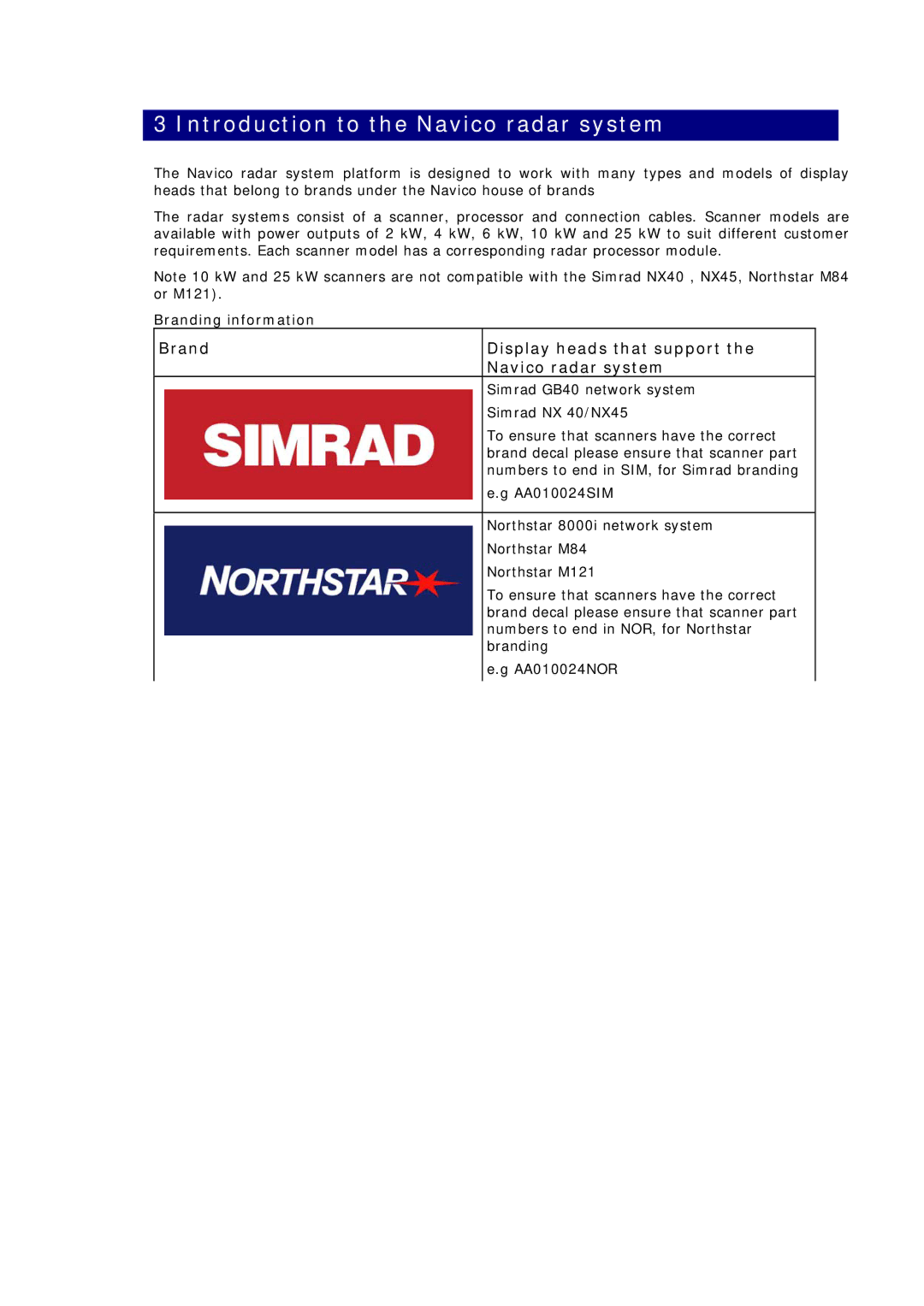 Simrad MN000802A-G manual Introduction to the Navico radar system, Brand Display heads that support the Navico radar system 