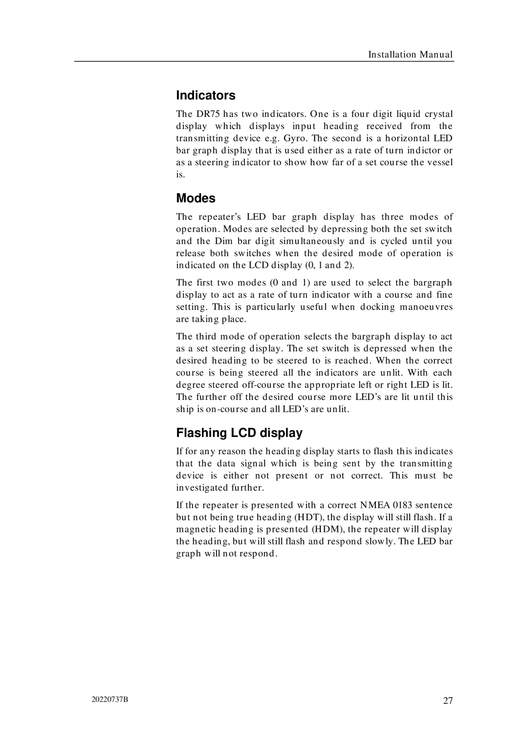 Simrad RGC12 manual Indicators, Modes, Flashing LCD display 