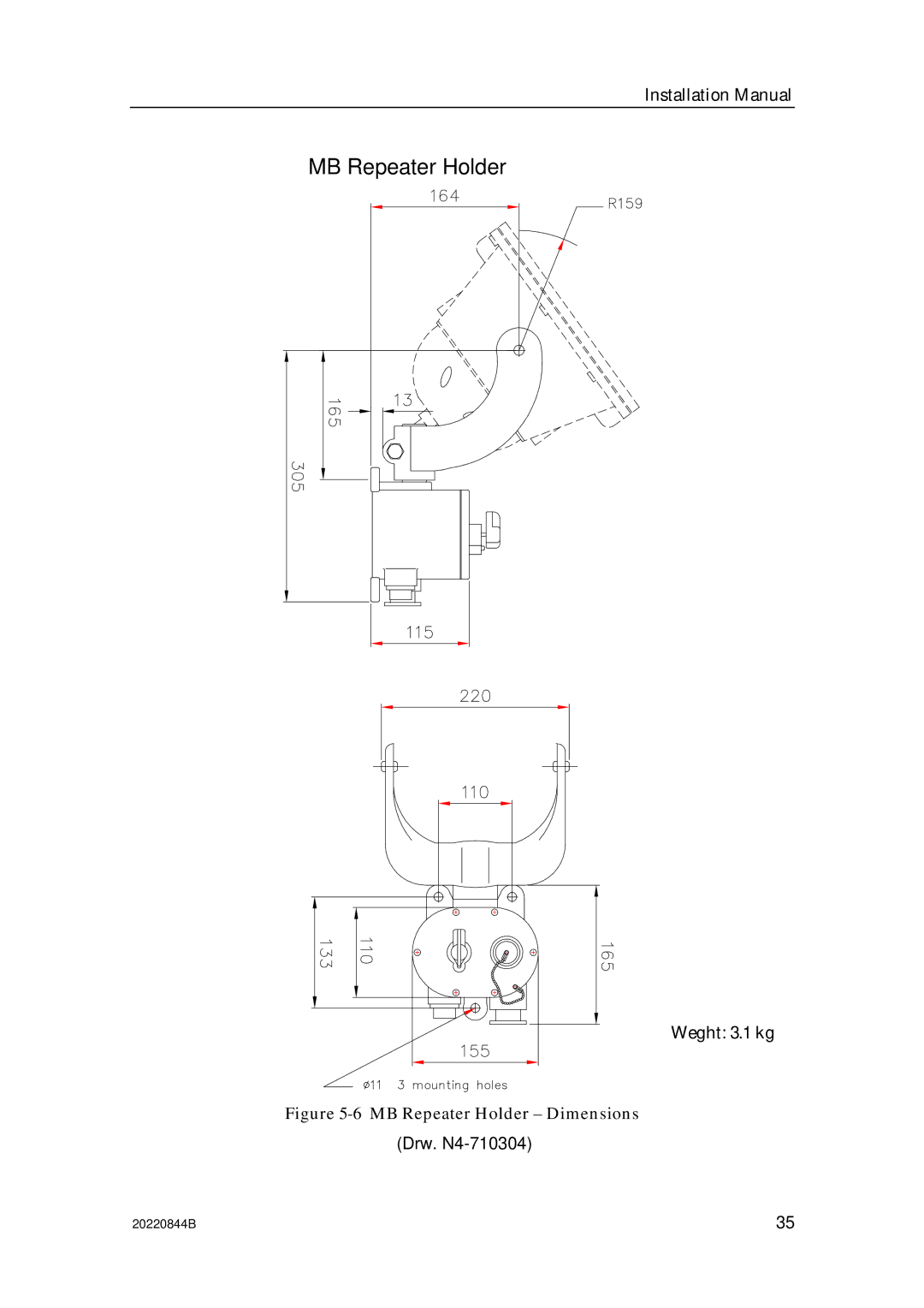 Simrad RGC12 manual MB Repeater Holder Dimensions 