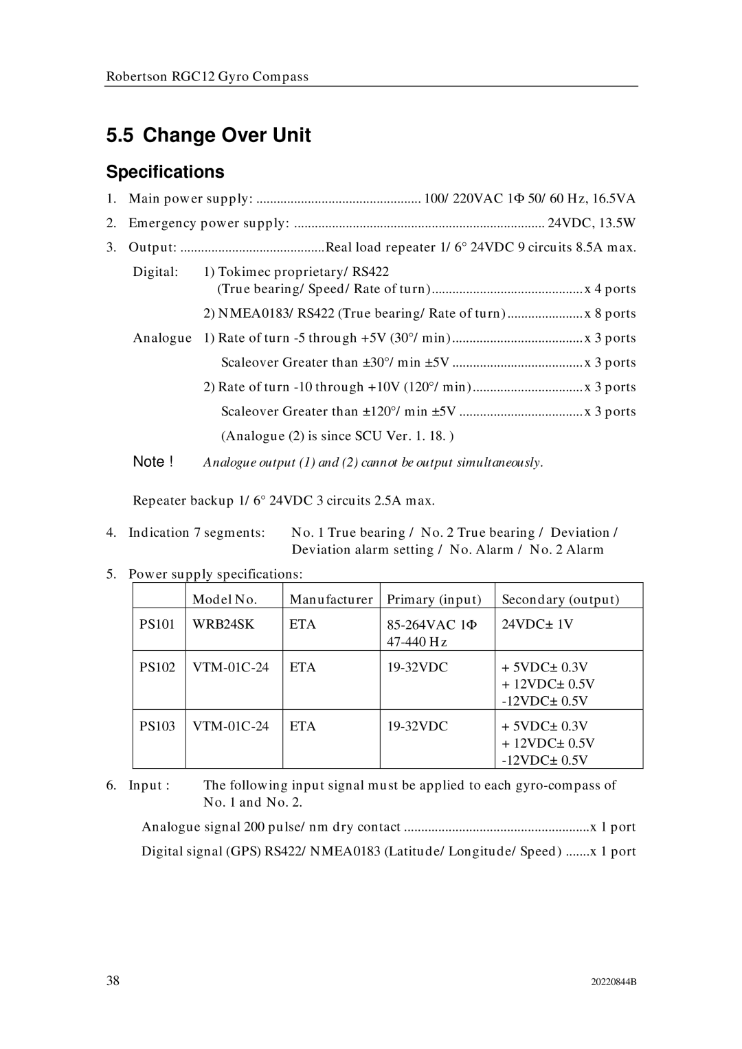 Simrad RGC12 manual Change Over Unit, Analogue output 1 and 2 cannot be output simultaneously 