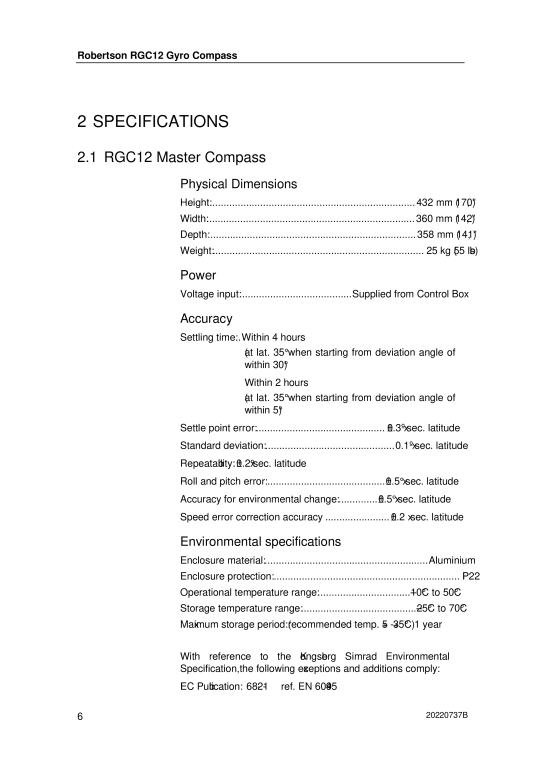 Simrad manual RGC12 Master Compass, Physical Dimensions, Power, Accuracy, Environmental specifications 