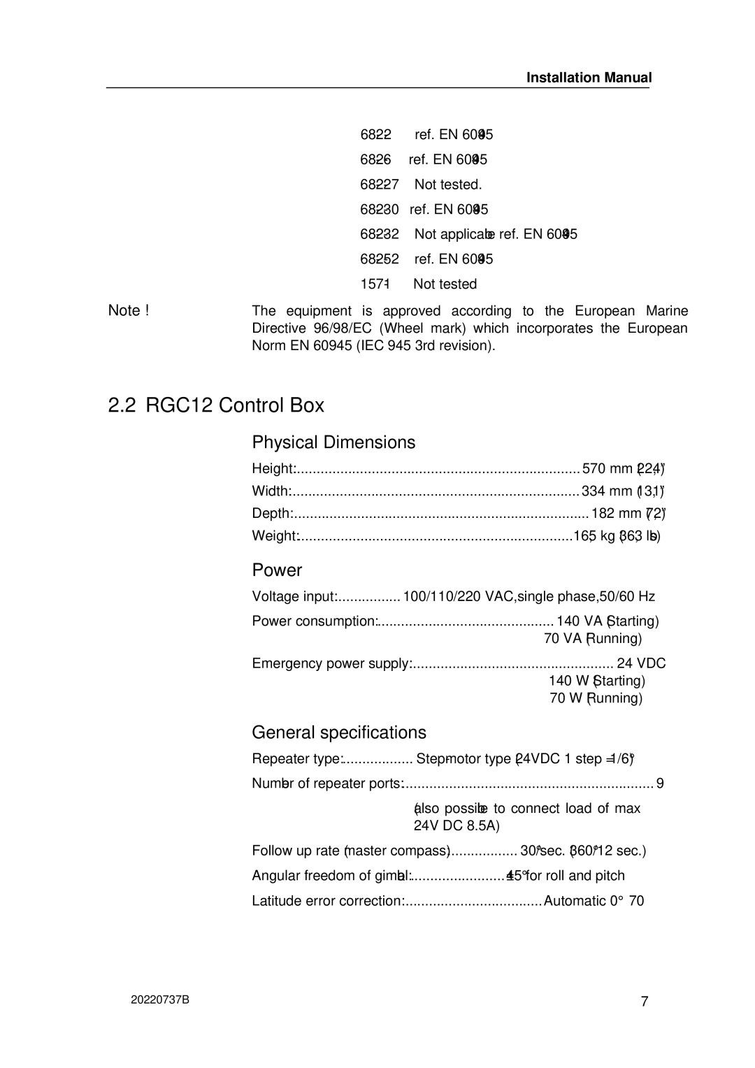 Simrad manual RGC12 Control Box, General specifications 