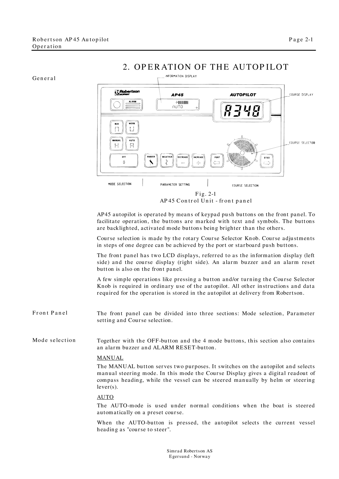 Simrad ROBERTSON AP45 manual Robertson AP45 Autopilot Operation, Manual 