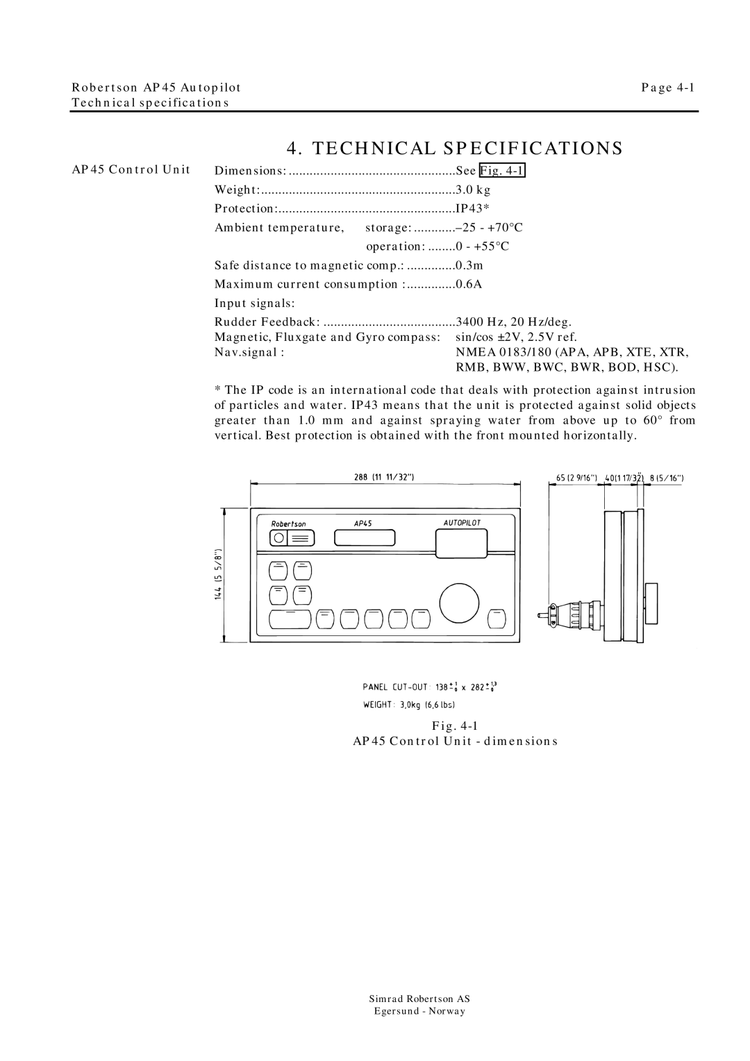 Simrad ROBERTSON AP45 manual Robertson AP45 Autopilot Technical specifications, Rmb, Bww, Bwc, Bwr, Bod, Hsc 