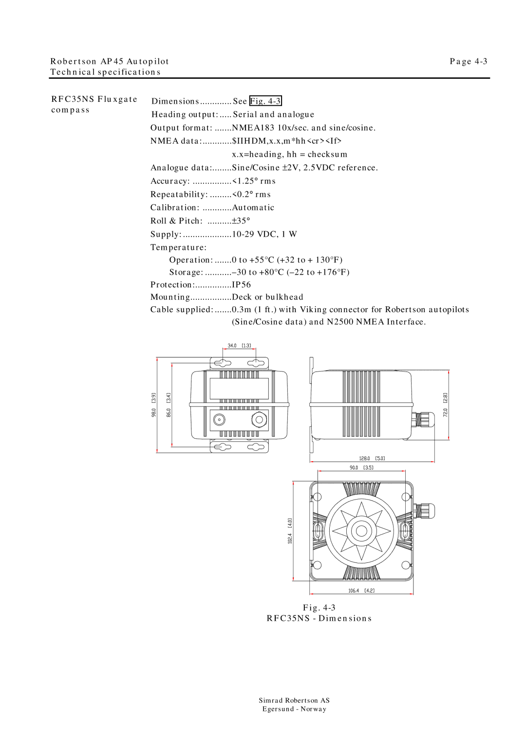 Simrad ROBERTSON AP45 manual RFC35NS Dimensions 