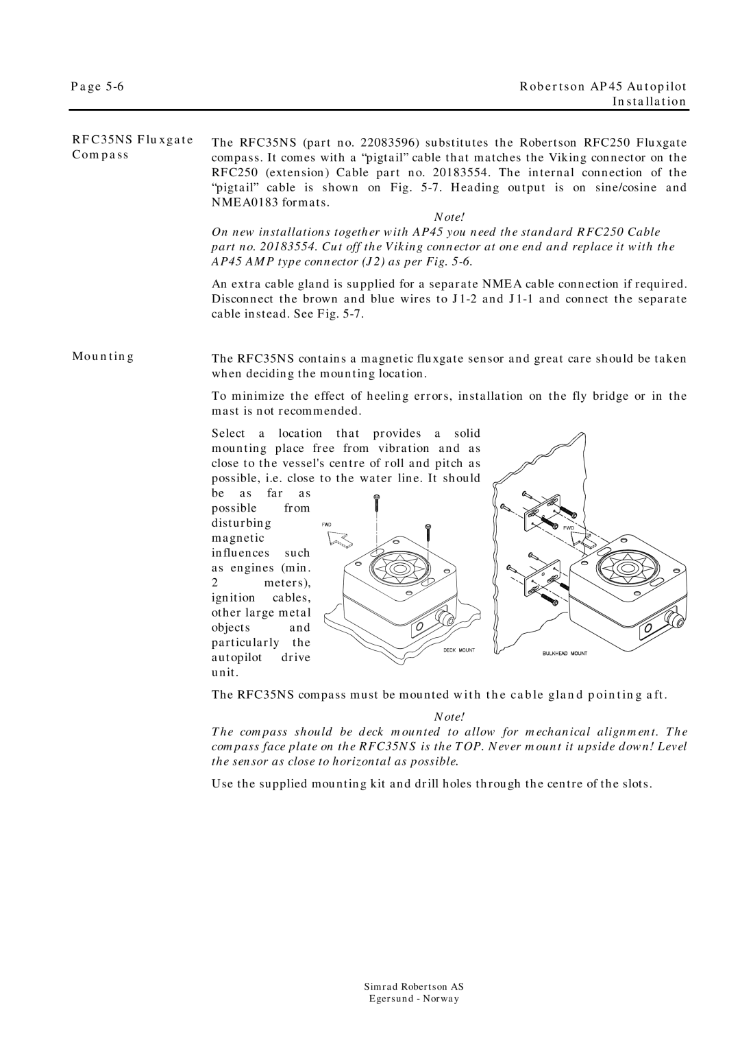 Simrad ROBERTSON AP45 manual RFC35NS Fluxgate Compass Mounting 