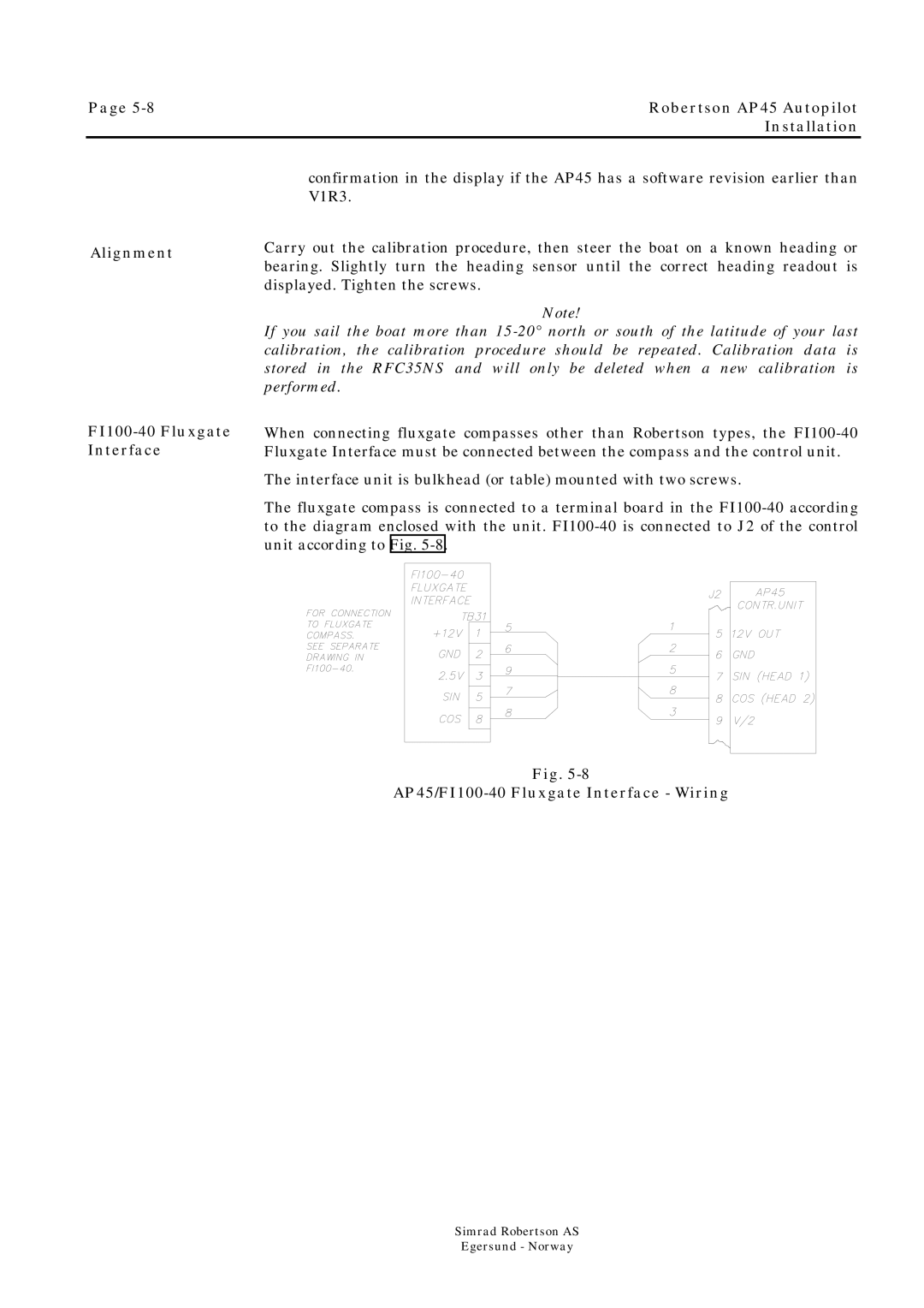 Simrad ROBERTSON AP45 manual Alignment FI100-40 Fluxgate Interface, AP45/FI100-40 Fluxgate Interface Wiring 