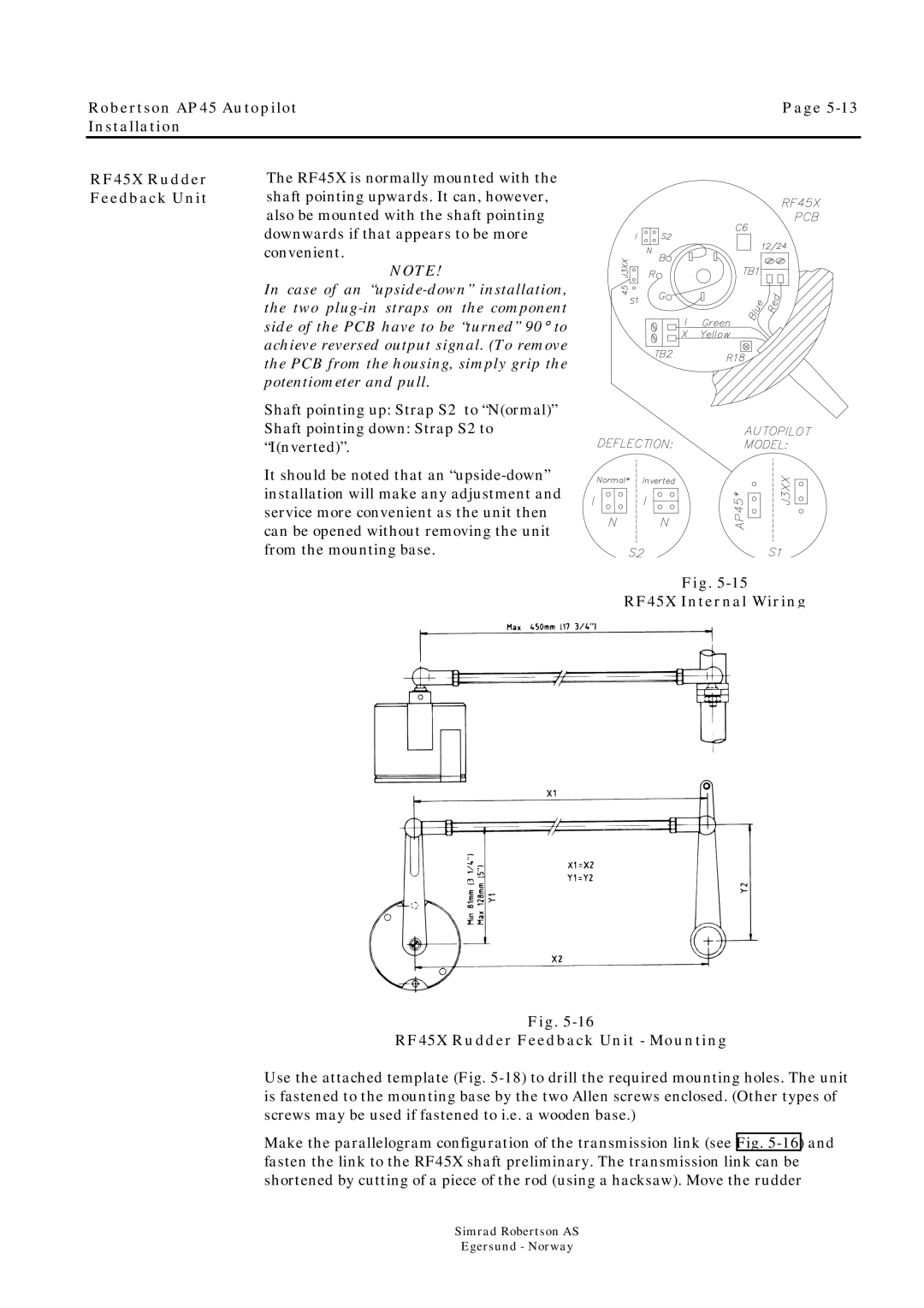 Simrad ROBERTSON AP45 manual RF45X Internal Wiring RF45X Rudder Feedback Unit Mounting 