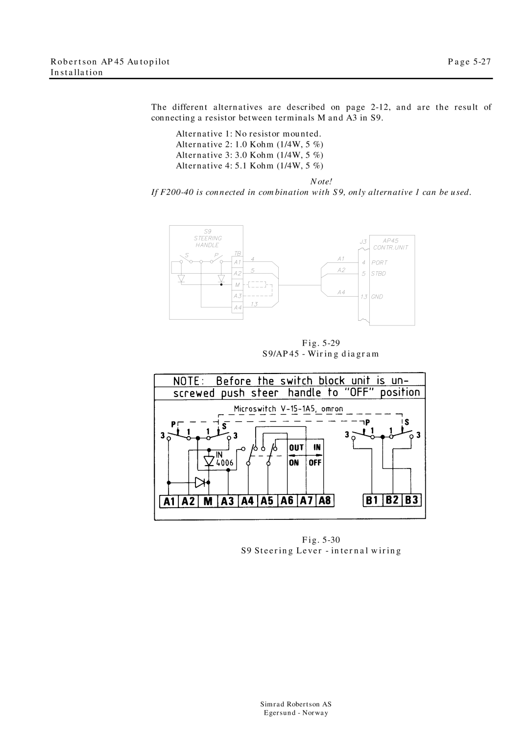 Simrad ROBERTSON AP45 Robertson AP45 Autopilot Installation, S9/AP45 Wiring diagram S9 Steering Lever internal wiring 