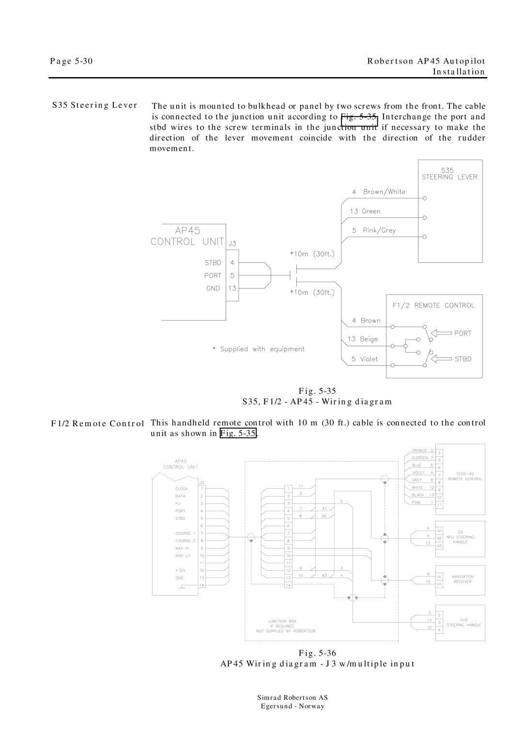 Simrad ROBERTSON AP45 manual S35 Steering Lever F1/2 Remote Control, S35, F1/2 AP45 Wiring diagram 