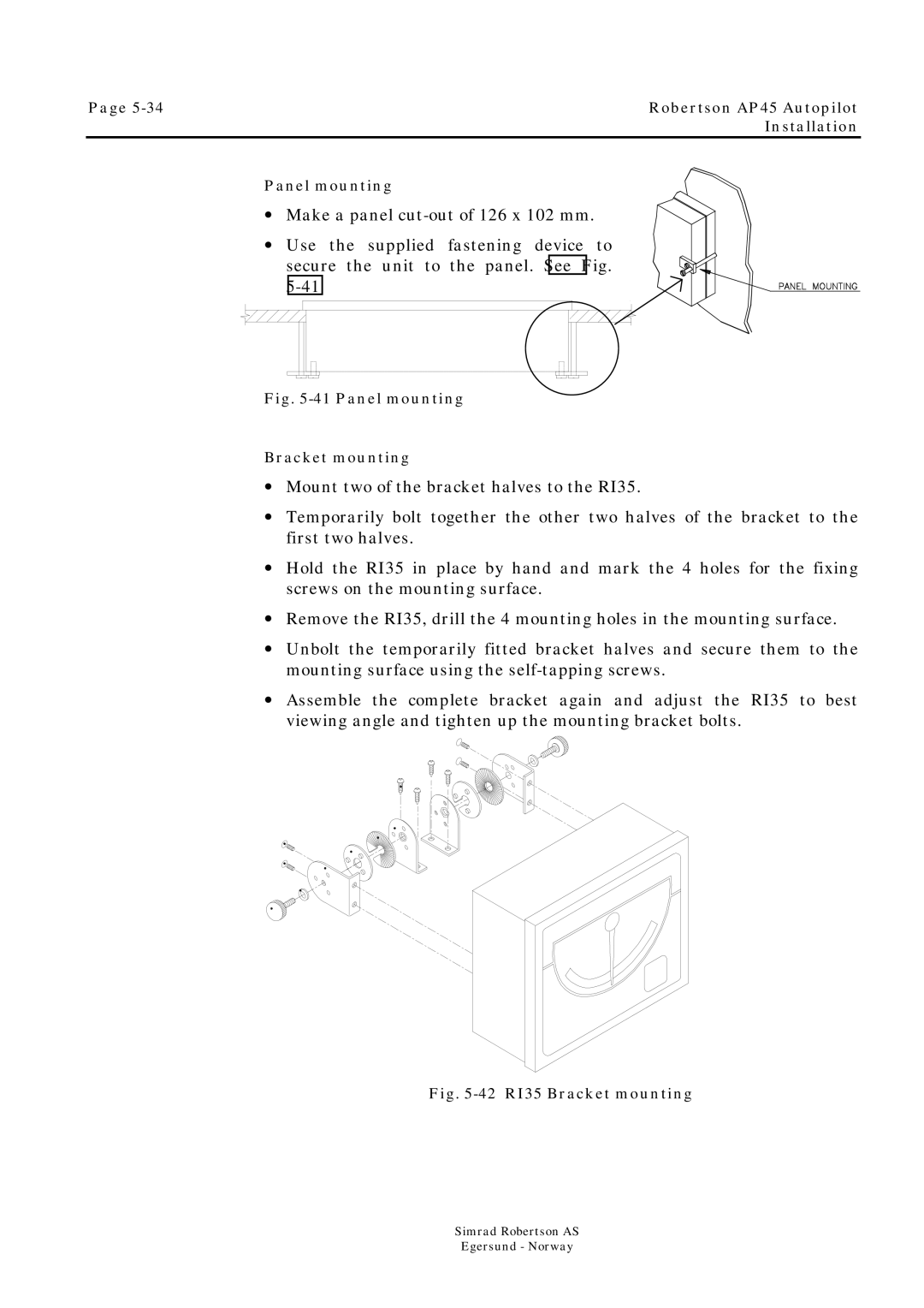 Simrad ROBERTSON AP45 manual Panel mounting Bracket mounting, 42 RI35 Bracket mounting 