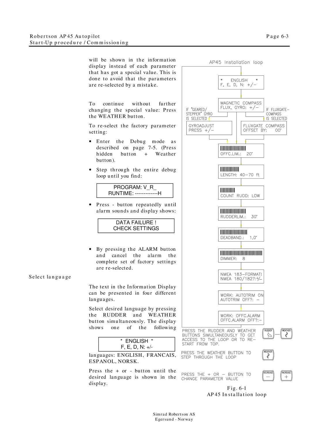 Simrad ROBERTSON AP45 manual Select language, AP45 Installation loop 