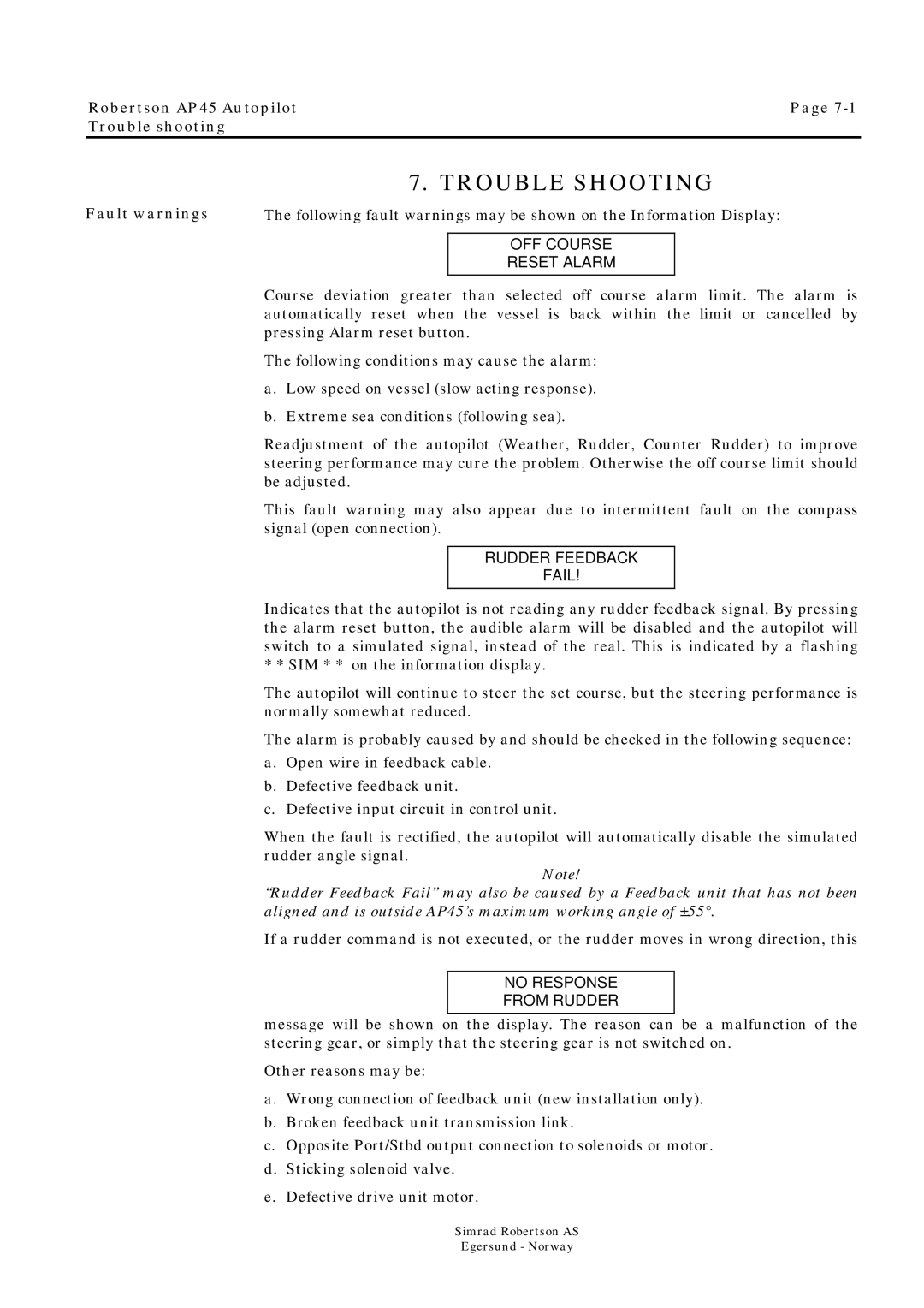 Simrad ROBERTSON AP45 manual Trouble Shooting, Robertson AP45 Autopilot Trouble shooting 