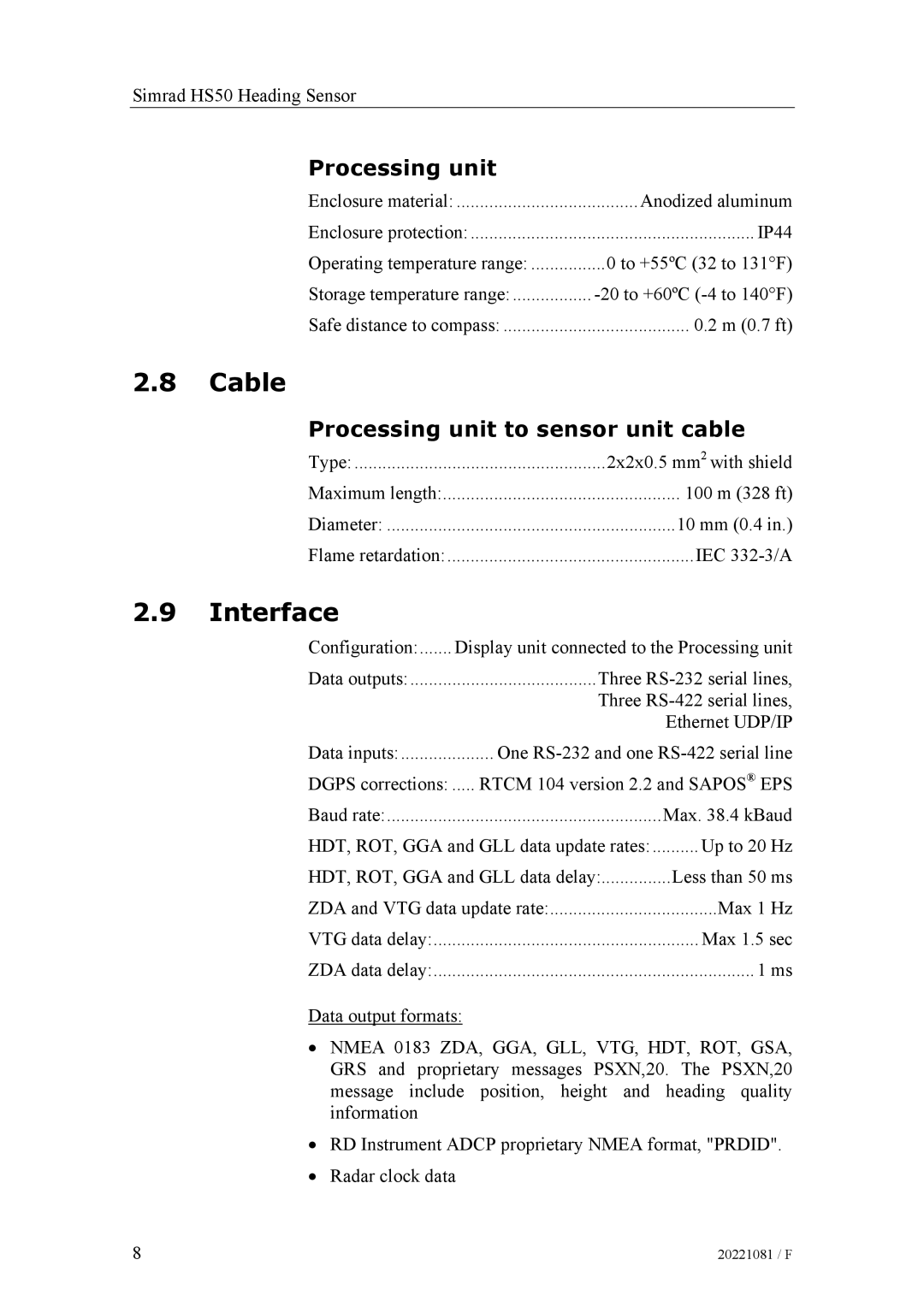 Simrad SIMRAD HS50 manual Cable, Interface, Processing unit to sensor unit cable 