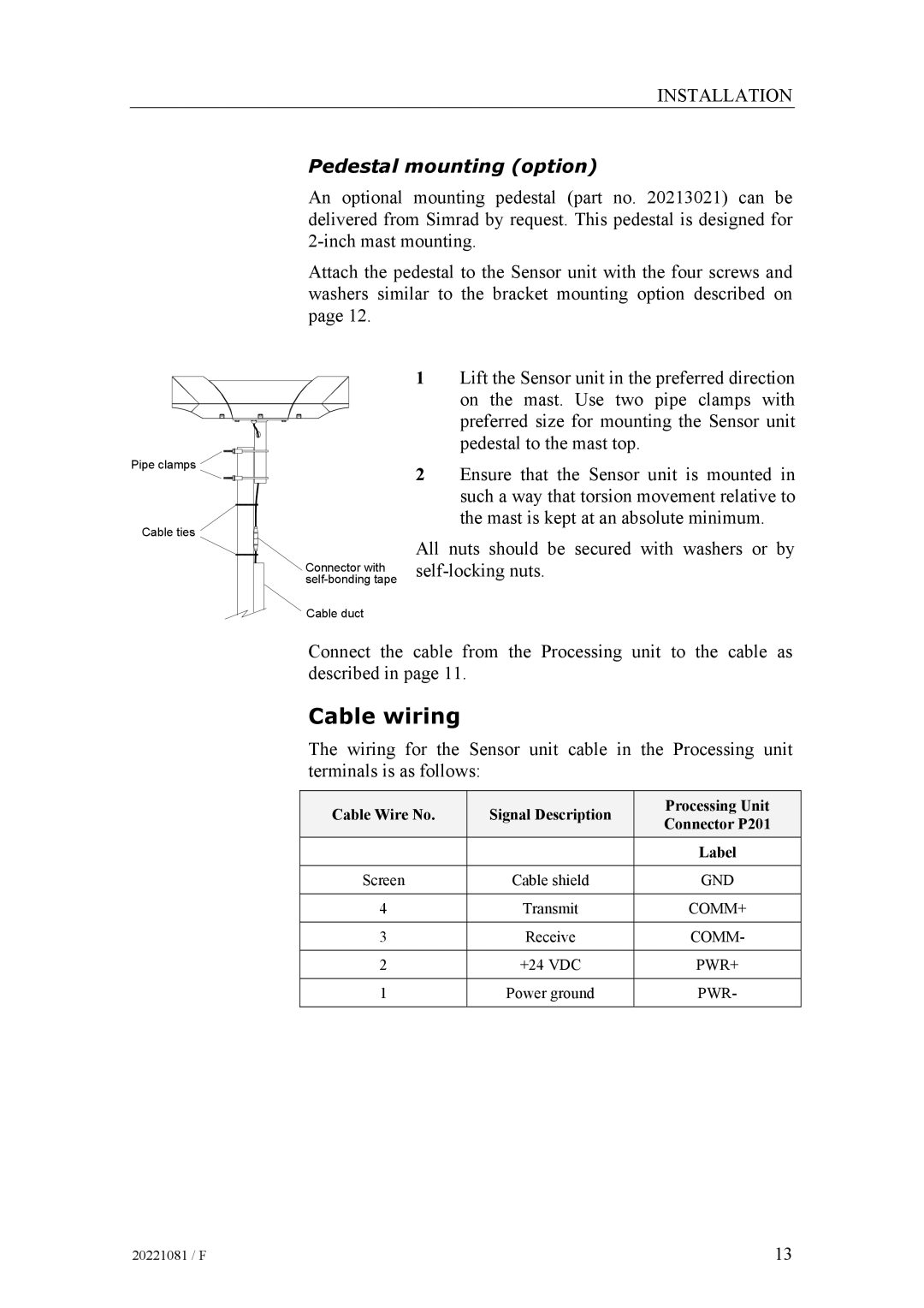 Simrad SIMRAD HS50 manual Cable wiring, Pedestal mounting option 