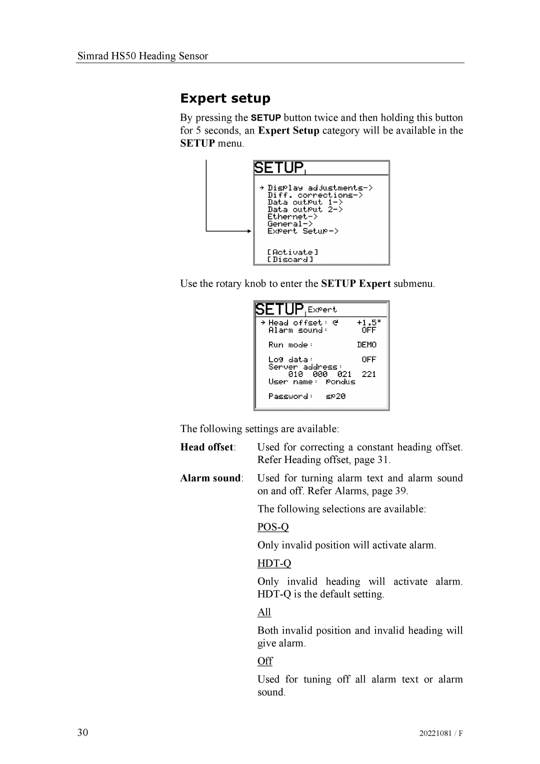 Simrad SIMRAD HS50 manual Expert setup, Hdt-Q 