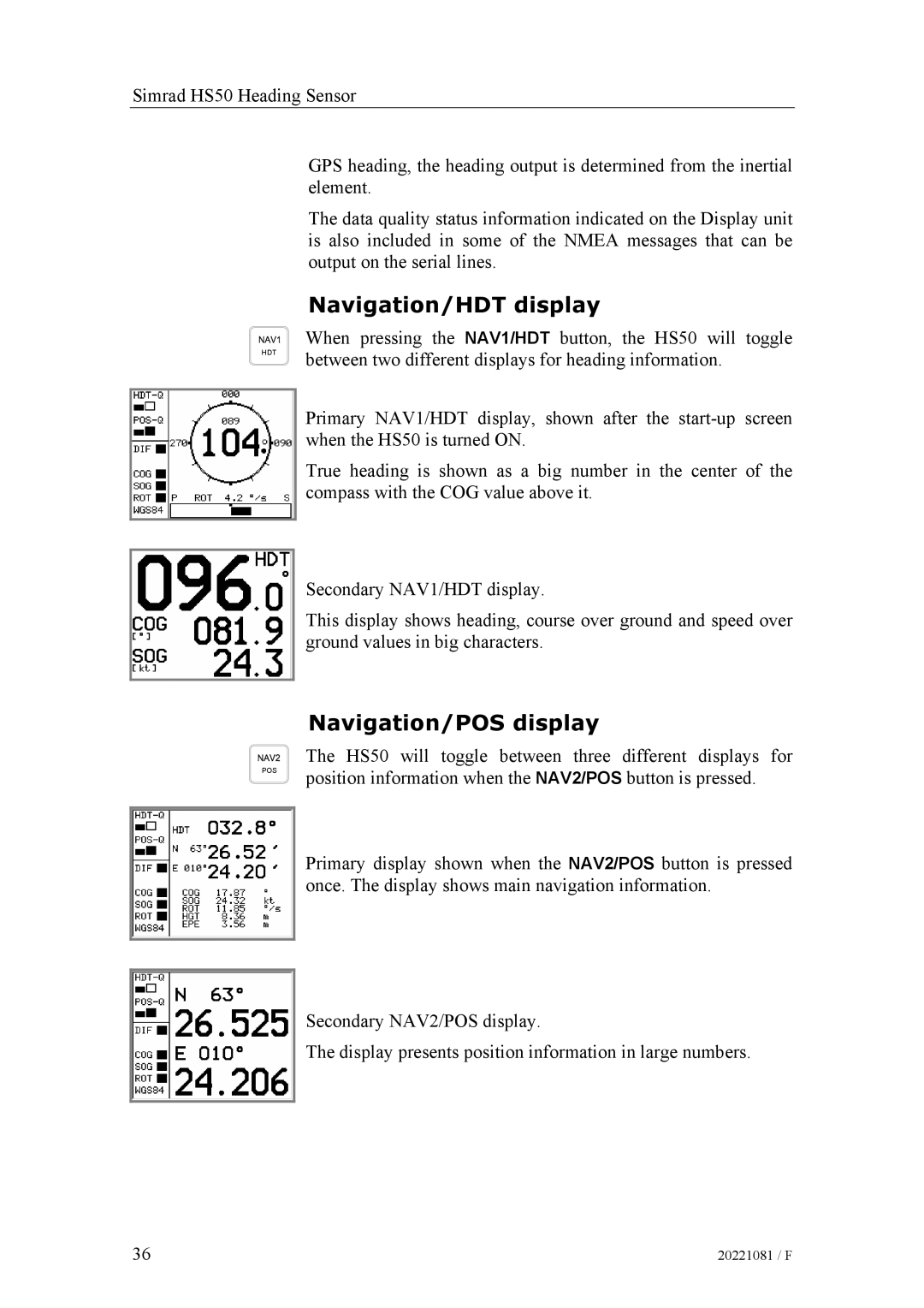 Simrad SIMRAD HS50 manual Navigation/HDT display, Navigation/POS display 