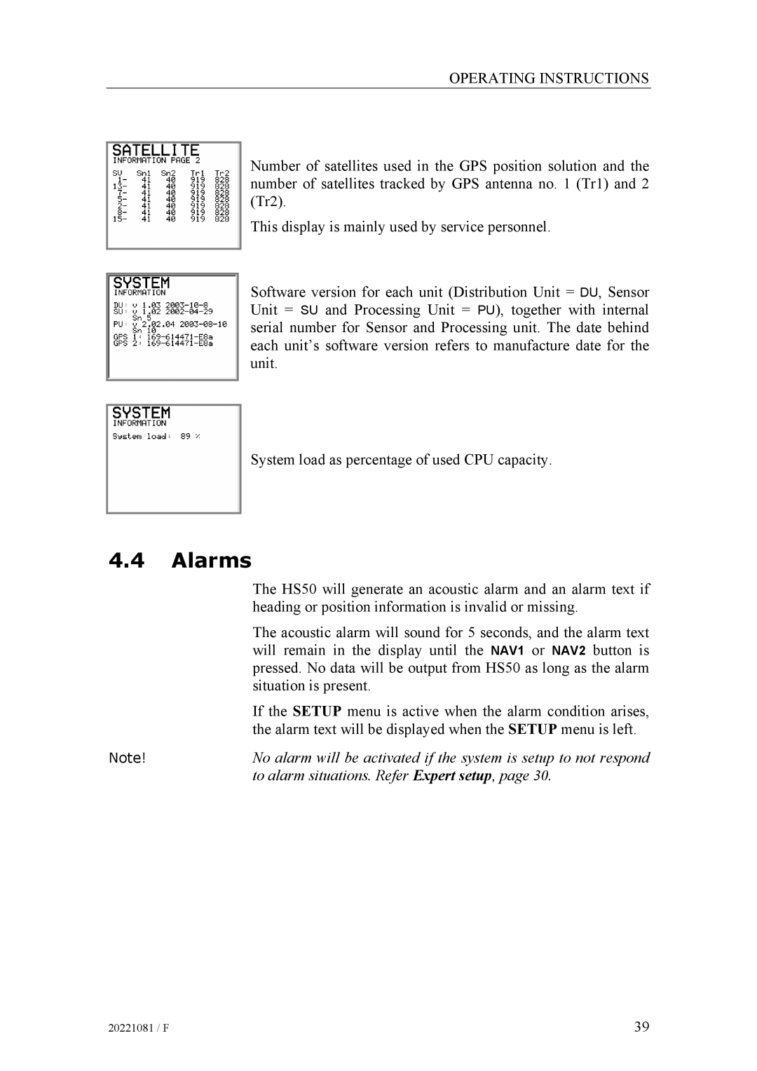 Simrad SIMRAD HS50 manual Alarms 