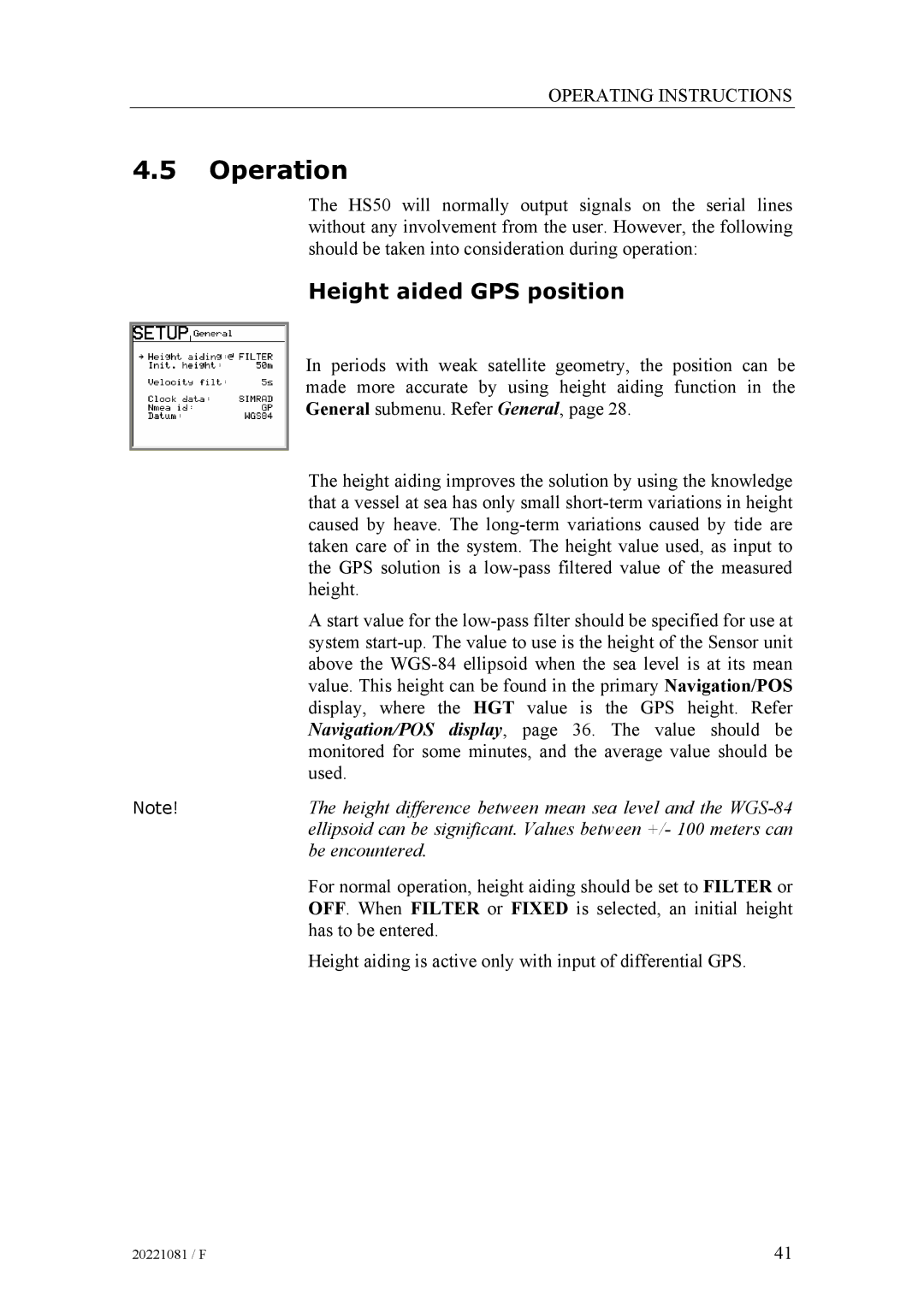 Simrad SIMRAD HS50 manual Operation, Height aided GPS position 