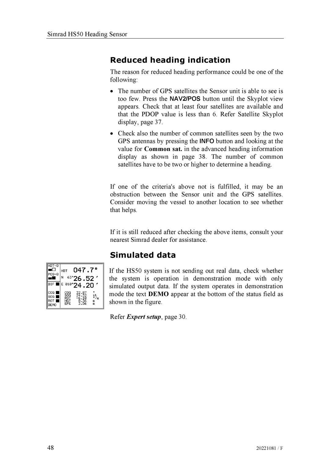 Simrad SIMRAD HS50 manual Reduced heading indication, Simulated data 