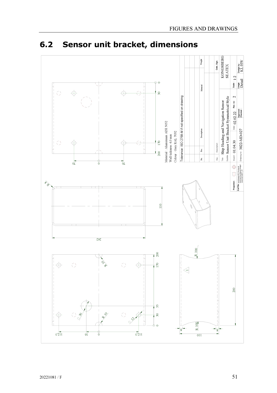 Simrad SIMRAD HS50 manual Sensor unit bracket, dimensions, Kongsberg Seatex 