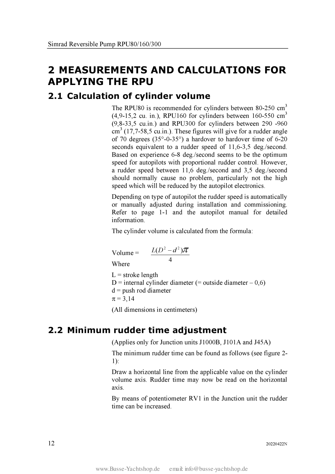 Simran RPU80 instruction manual Measurements and Calculations for Applying the RPU, Calculation of cylinder volume 