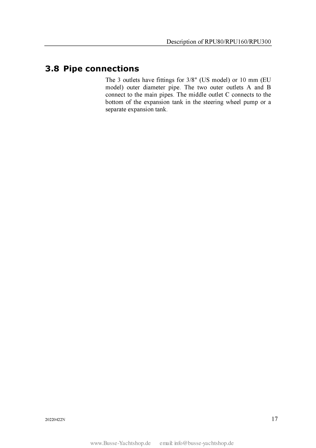 Simran RPU80 instruction manual Pipe connections 