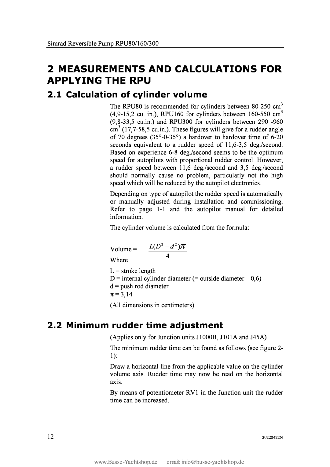 Simran RPU80 instruction manual Calculation of cylinder volume, Minimum rudder time adjustment 