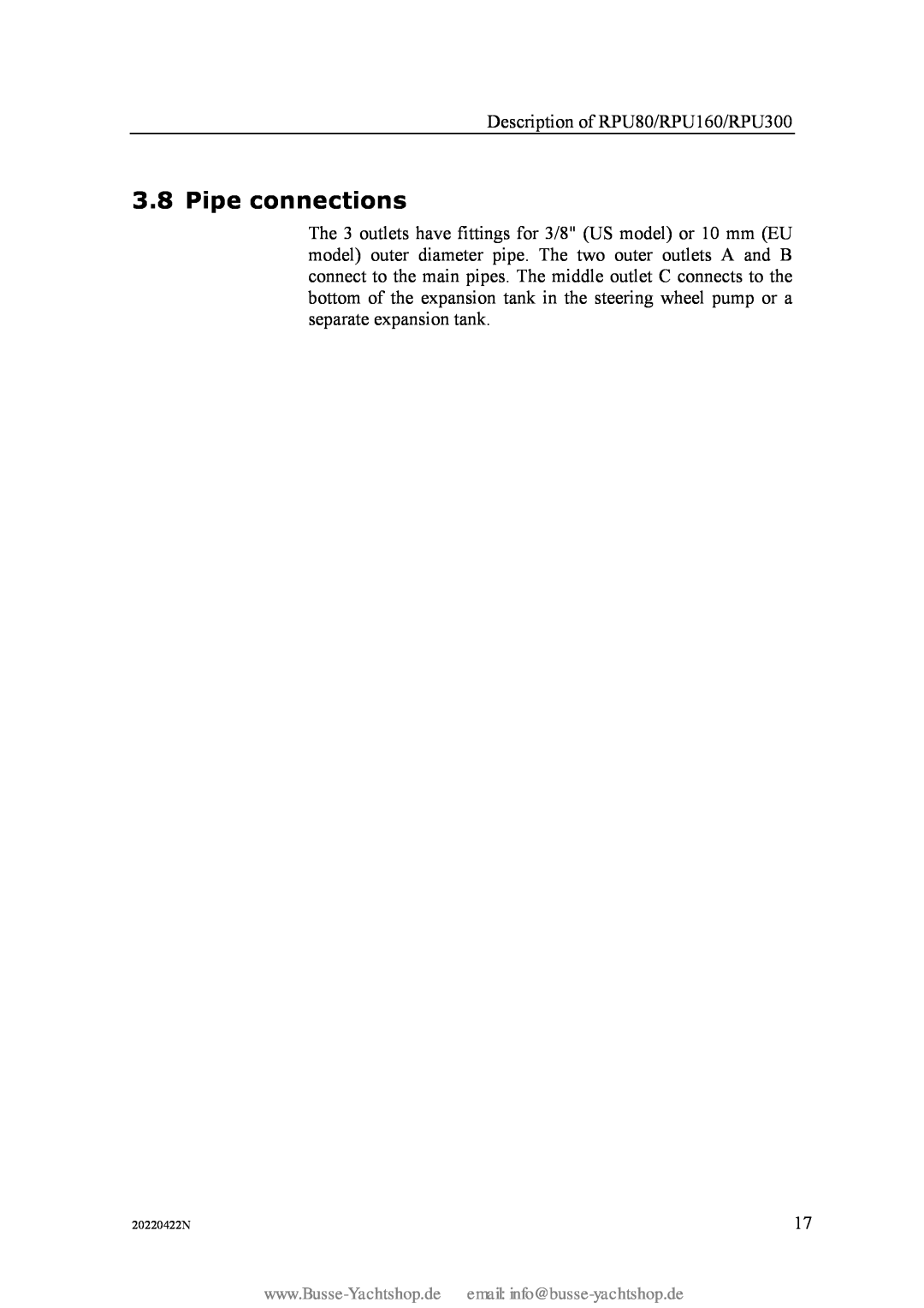 Simran instruction manual Pipe connections, Description of RPU80/RPU160/RPU300, 20220422N 
