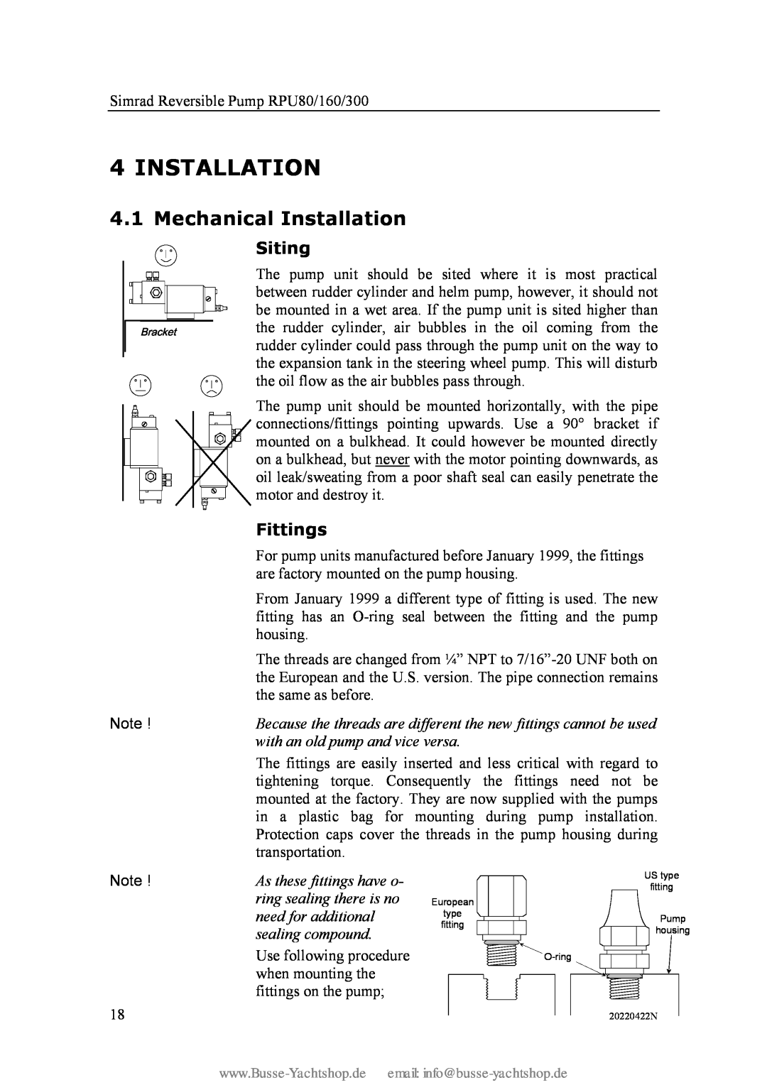 Simran RPU80 instruction manual Mechanical Installation, Siting, Fittings 