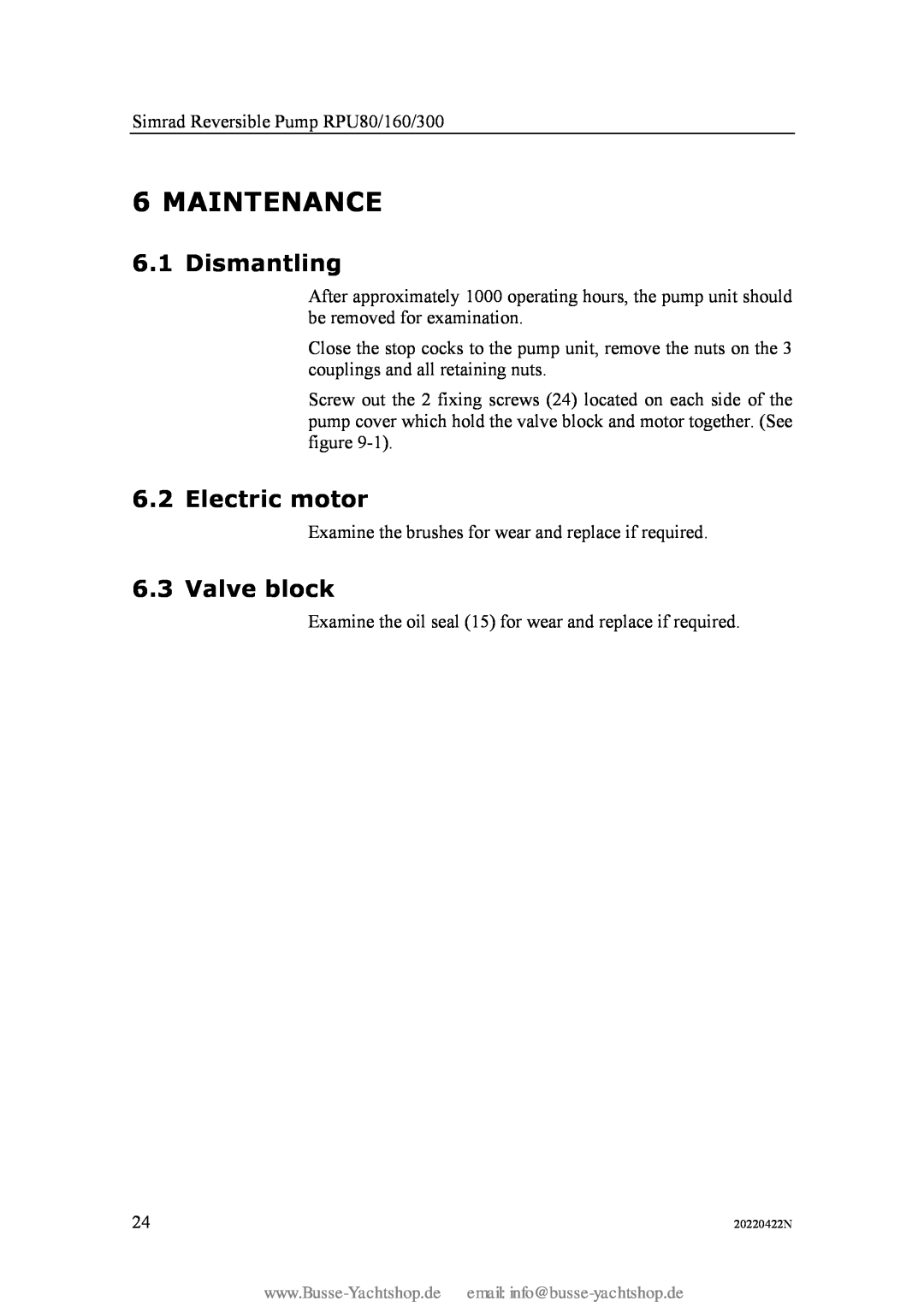 Simran RPU80 instruction manual Maintenance, Dismantling, Electric motor, Valve block 