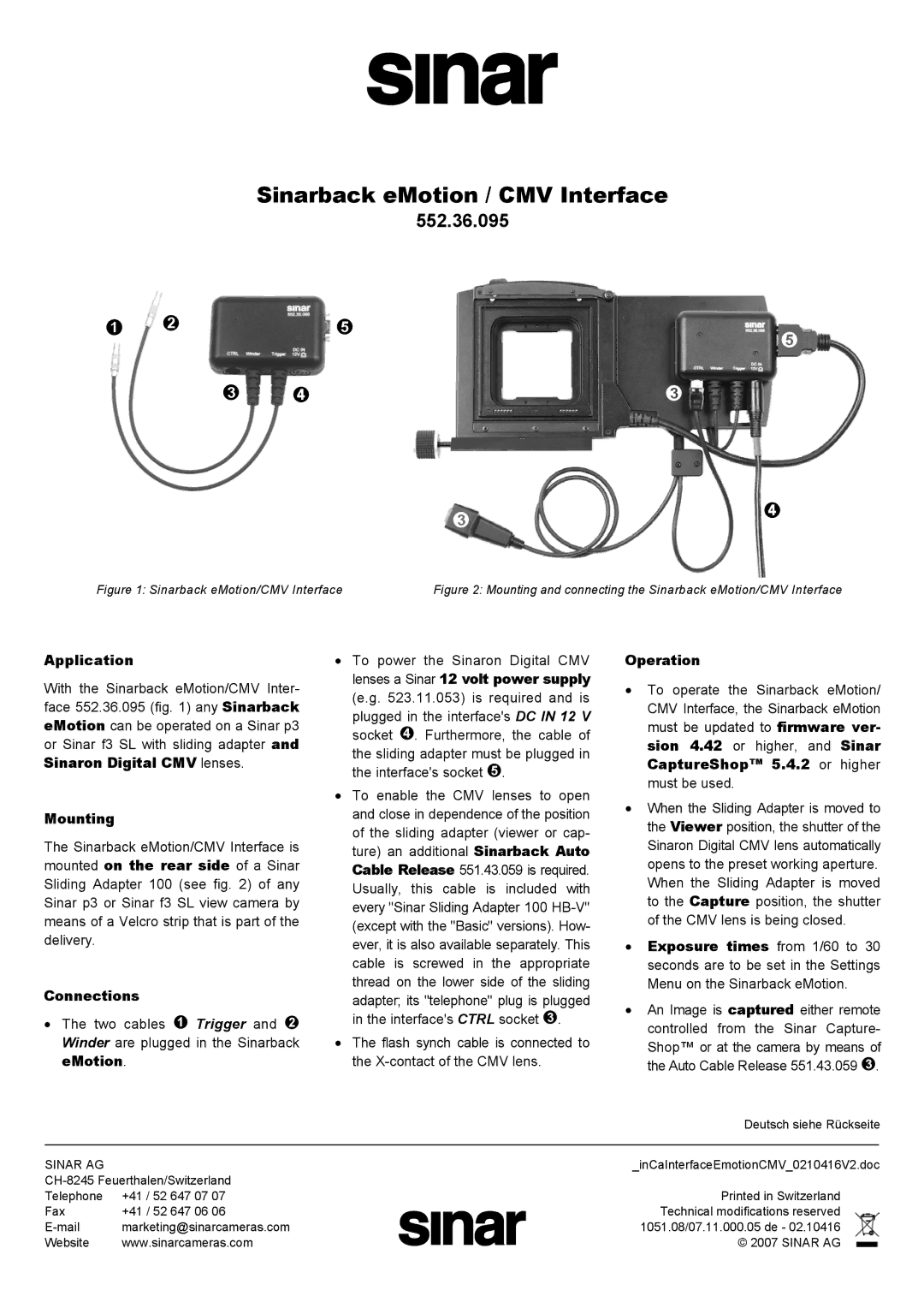 Sinar 552.36.095 manual Application, Mounting, Connections, Operation 