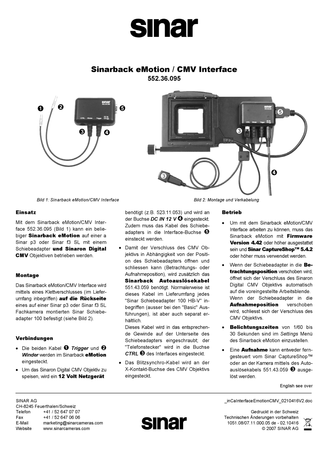 Sinar 552.36.095 manual Einsatz, Montage, Verbindungen, Sinarback Autoauslösekabel, Betrieb 