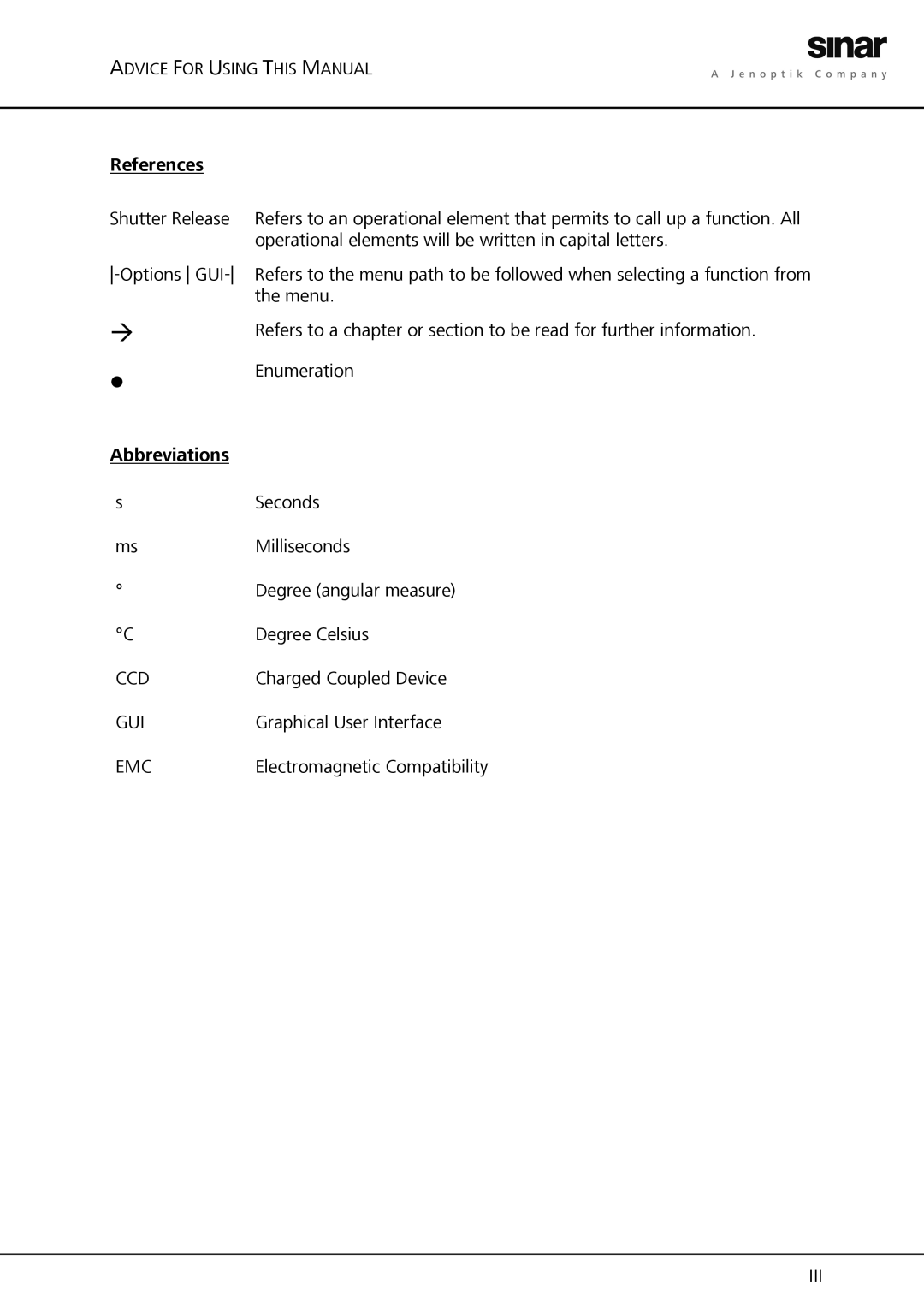 Sinar Hy6 manual References, Abbreviations 