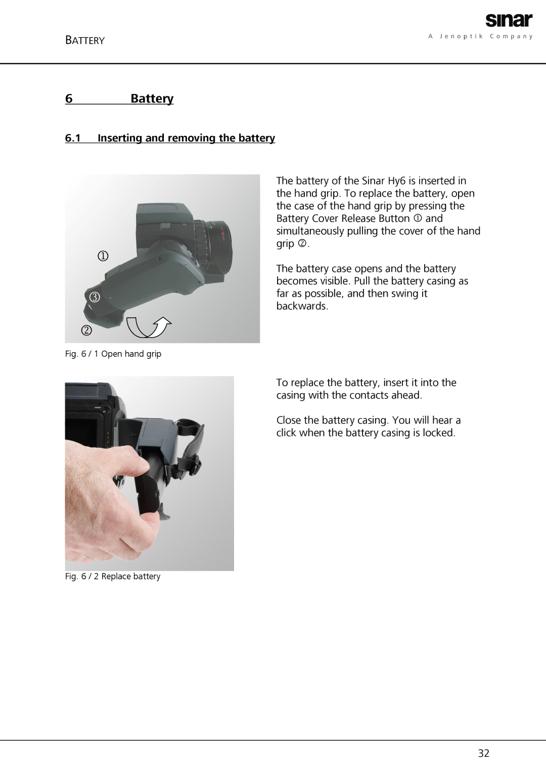 Sinar Hy6 manual Battery, Inserting and removing the battery 