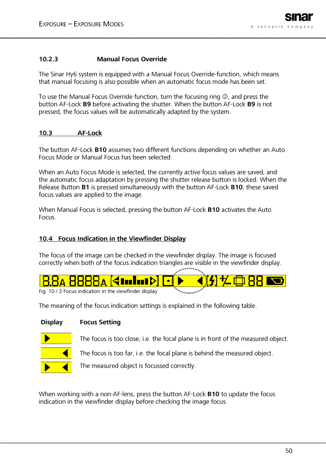 Sinar Hy6 manual Focus Indication in the Viewfinder Display, Display Focus Setting 