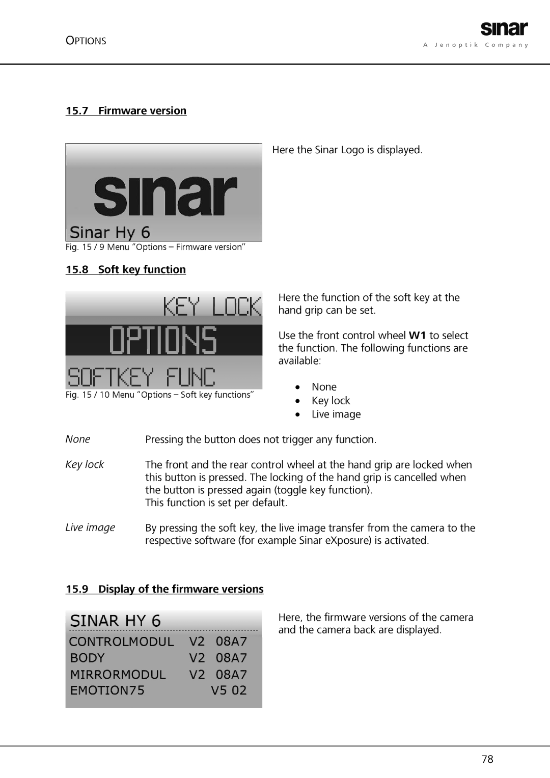 Sinar Hy6 manual Key lock, Menu Options Firmware version 