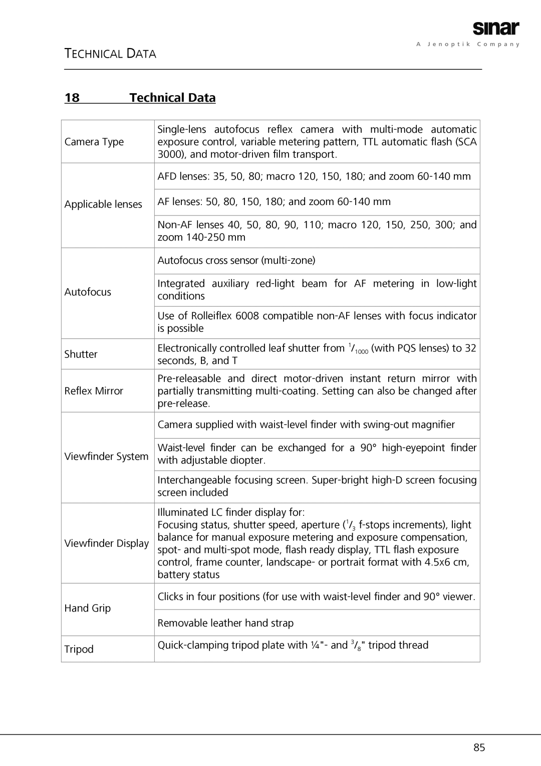 Sinar Hy6 manual Technical Data 