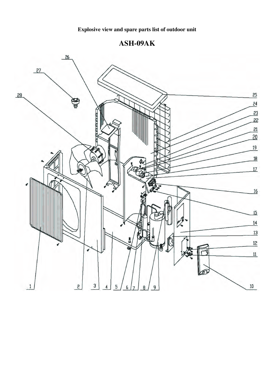 Sinclair ASH-13AK, ASH-09AK service manual Explosive view and spare parts list of outdoor unit 