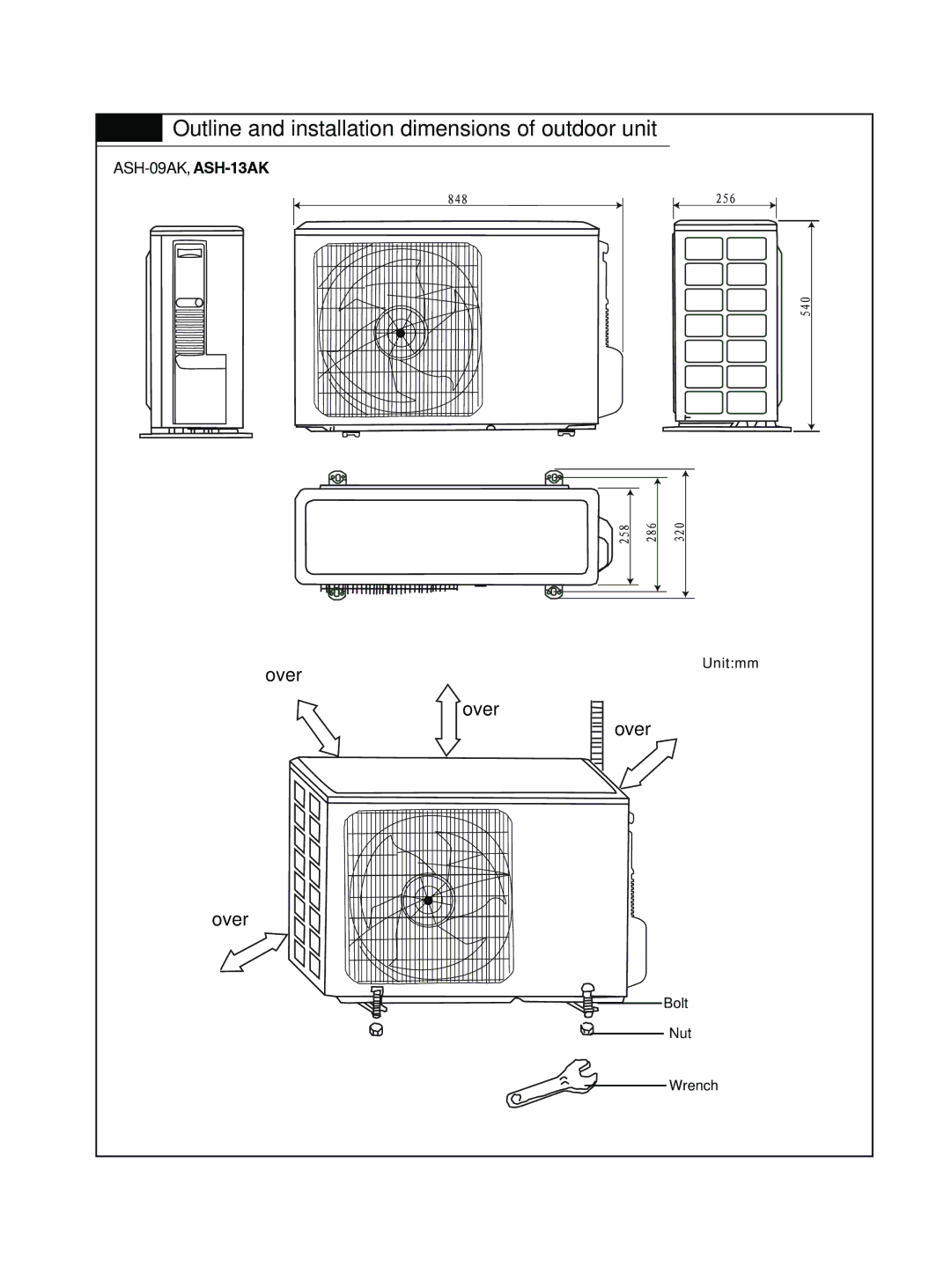 Sinclair ASH-13AK, ASH-09AK service manual Outline and installation dimensions of outdoor unit 