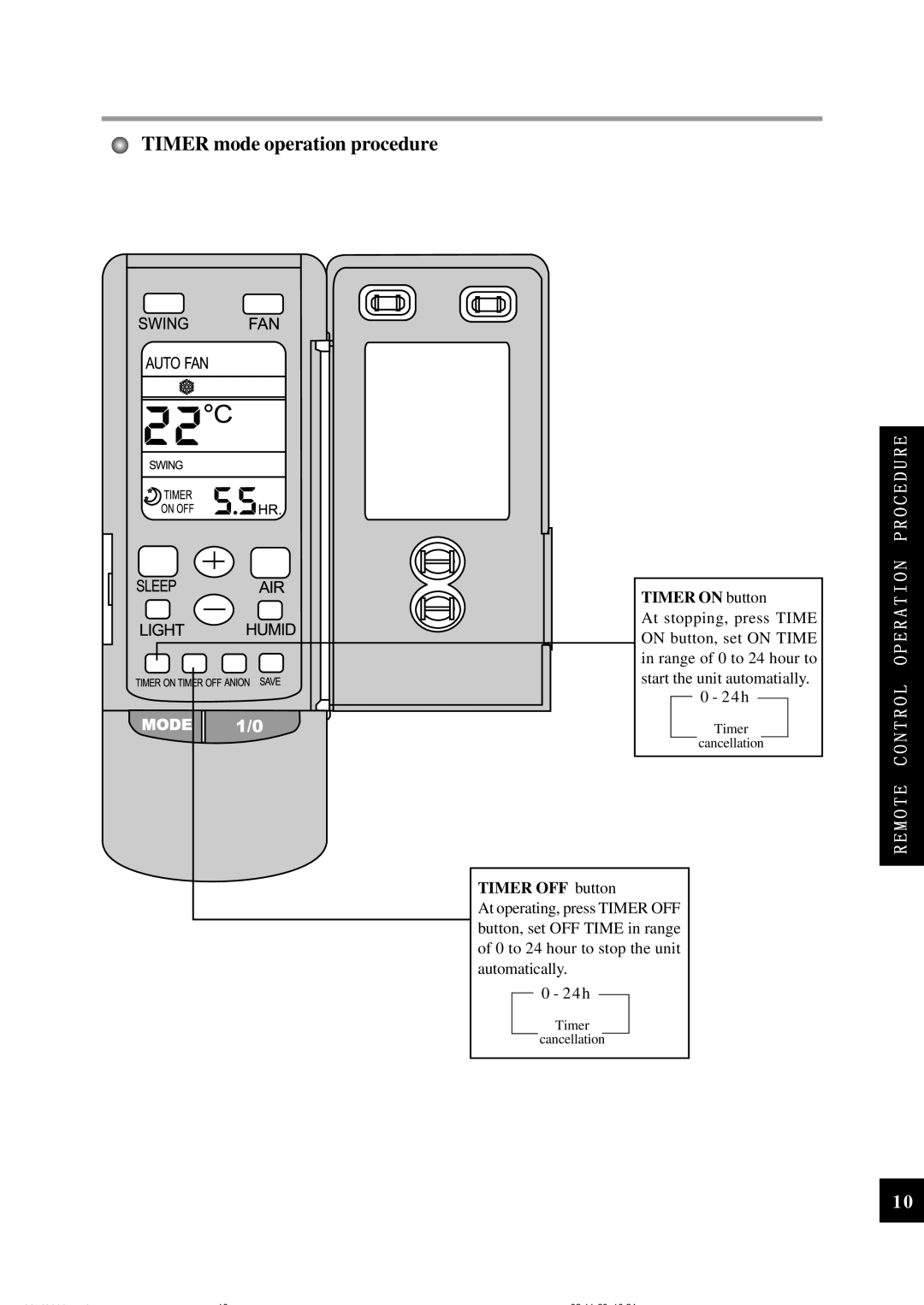 Sinclair ASH-24CN owner manual Timer mode operation procedure, Timer on button 