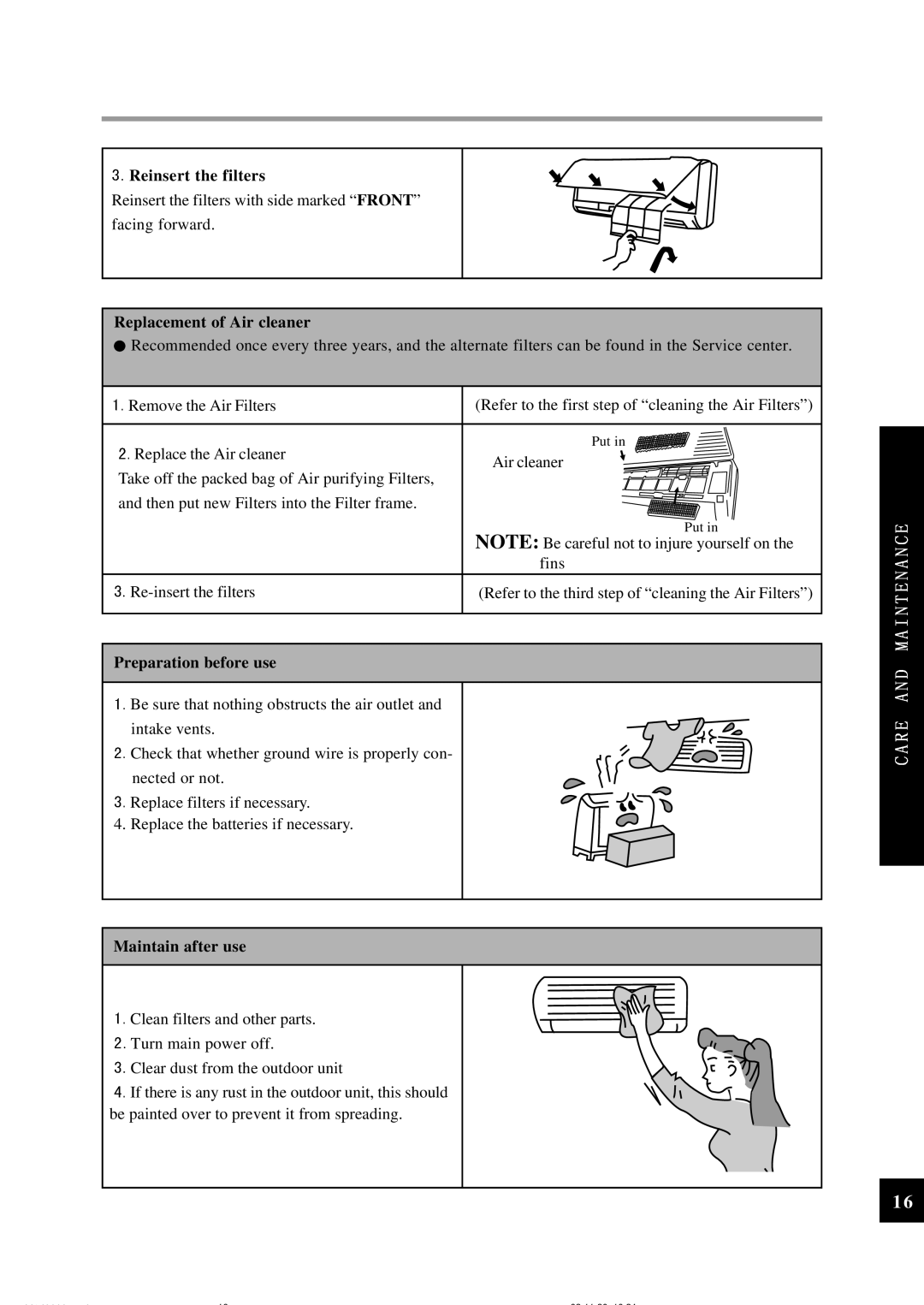 Sinclair ASH-24CN owner manual Reinsert the filters, Replacement of Air cleaner, Preparation before use, Maintain after use 